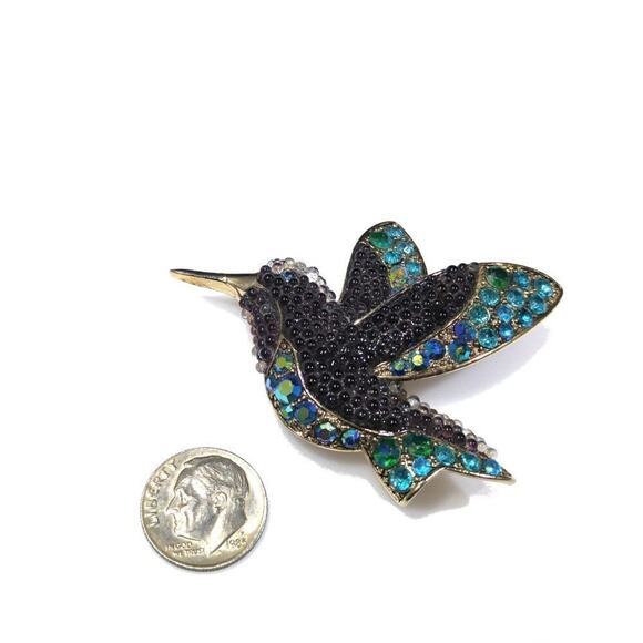 Liz Claiborne Vintage Hummingbird Brooch – Teal Rhinestones & Beads - Picture 7 of 7